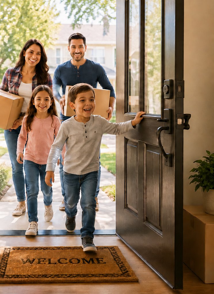 Homebuyers standing outside their new home